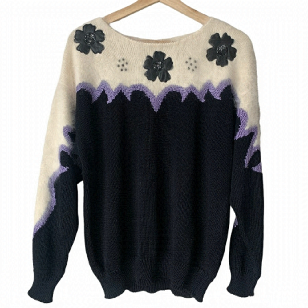 Vintage Lara Ferrante Angora Sweater Faux Leather Flowers Sequins Black Purple L